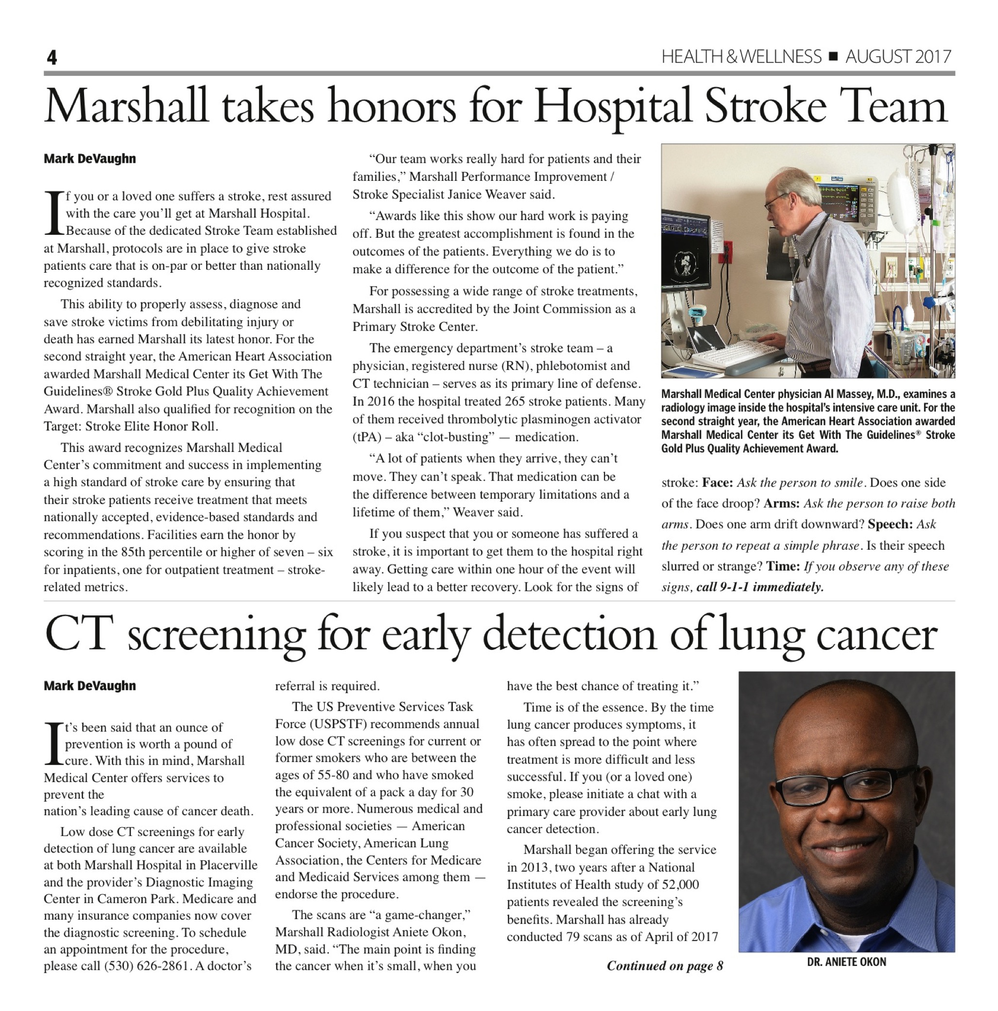 Marshall Takes Honors for Hospital Stroke Team Newpaper Article